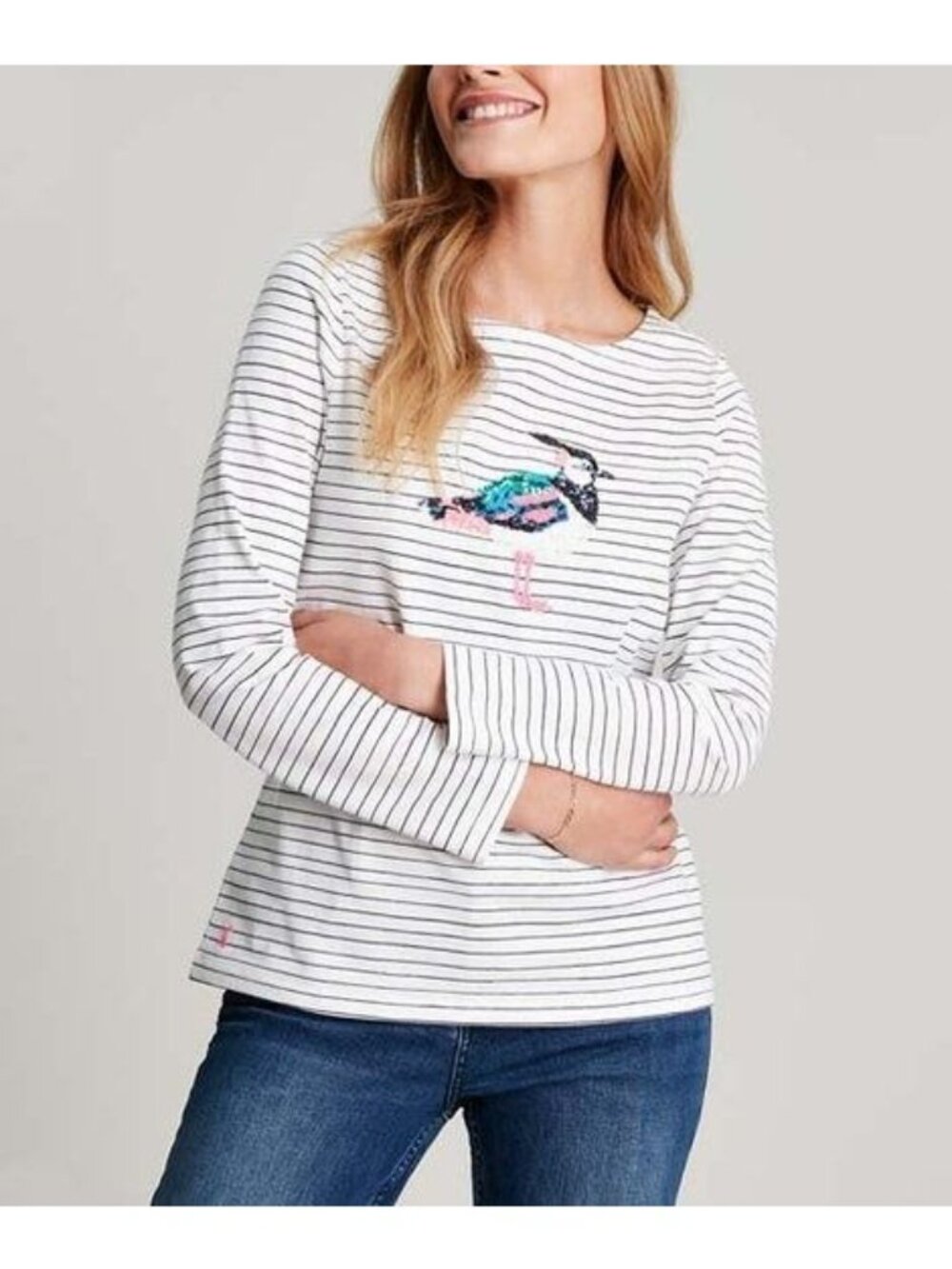 Joules Cream Beaded Lapwing Harbour Luxe Long-Sleeve Tee NWT US 6